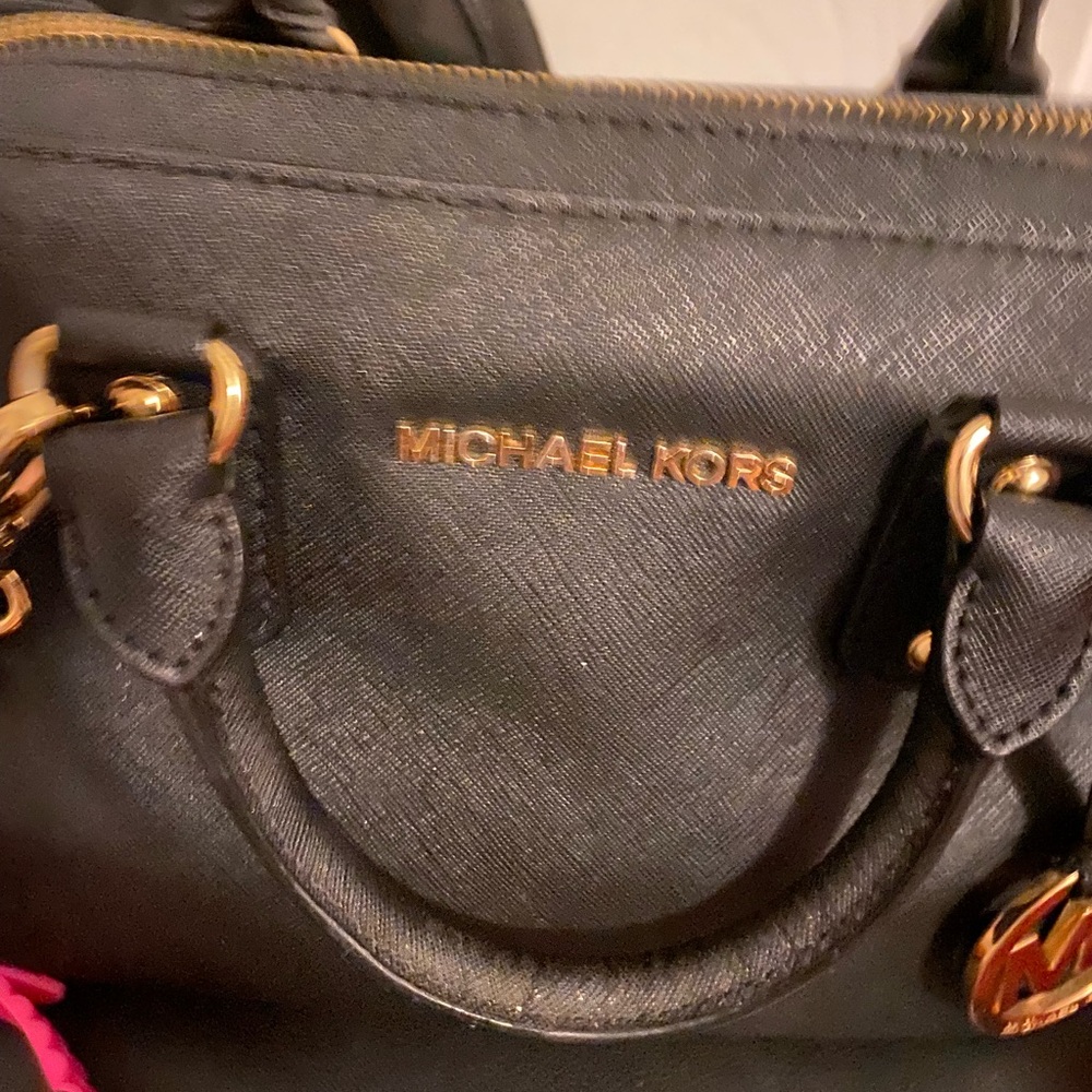 2 Authentic Michael Kors Black handbag with Gold Accents with free pink MK watch - Picture 5 of 9